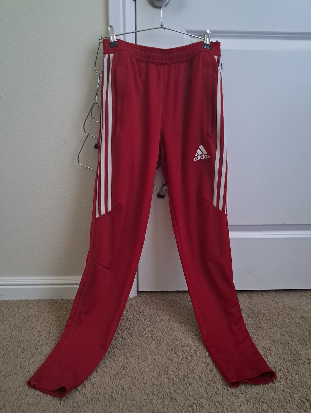 ((Make An Offer))  Women's Adidas Red Joggers with White Triple Stripes